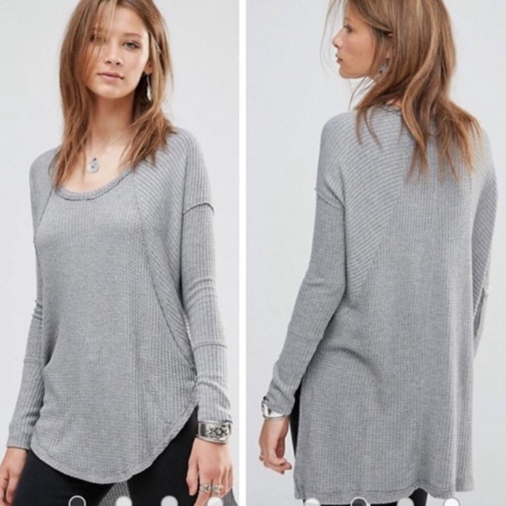 Free People Women's Oversized Waffle‎ Knit Long Sleeve Thermal Top Small Grey